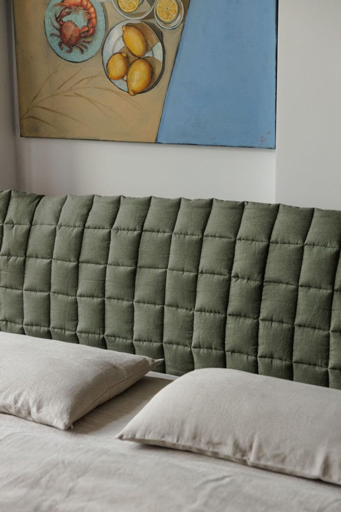 Quilted Linen Headboard Cover, Custom Size Linen Headboard, Reversible Headboard Cushion With Ties