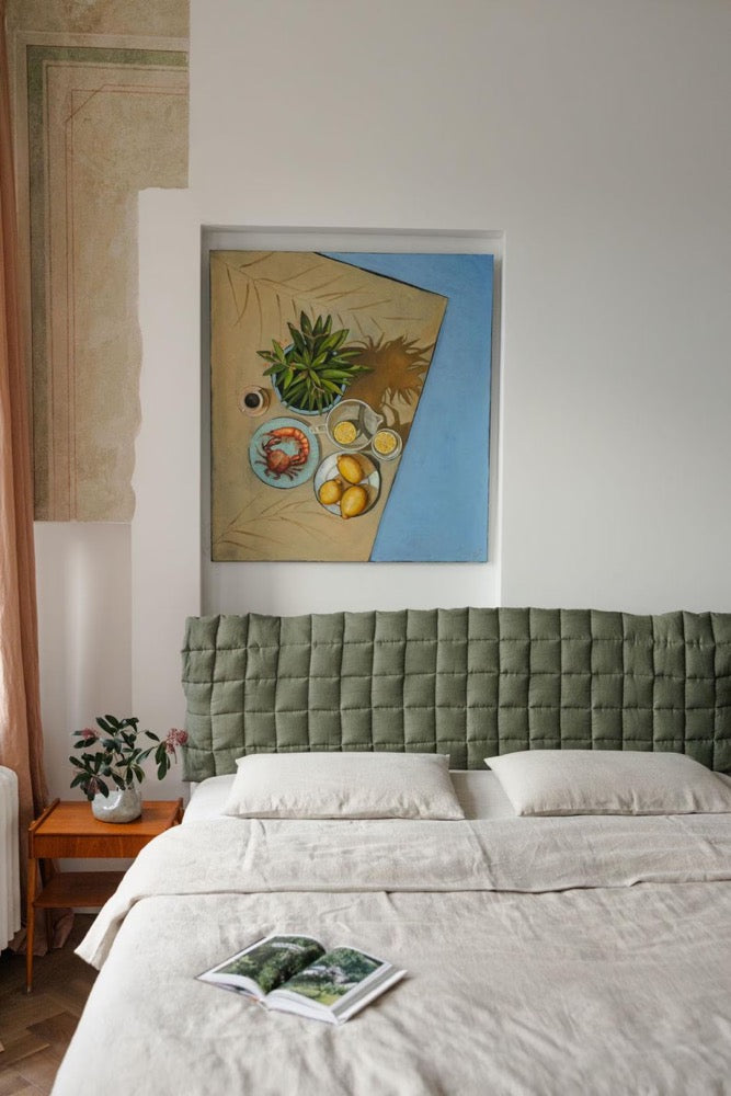 Quilted Linen Headboard Cover, Custom Size Linen Headboard, Reversible Headboard Cushion With Ties