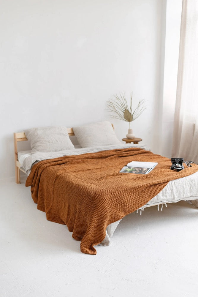 Waffle linen blanket, Linen throw blanket, Linen bed throw in waffle pattern, Linen Bedspread