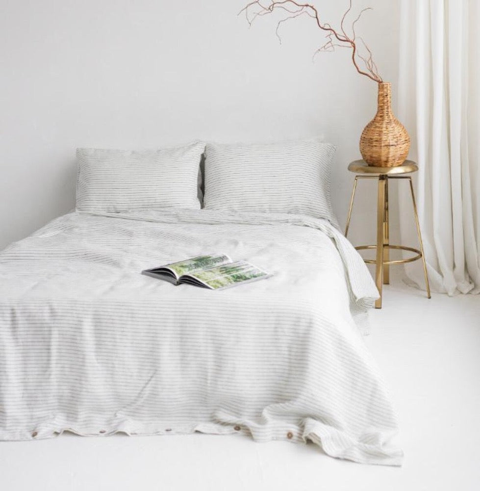 Milky White Pinestripe Linen Duvet Cover and Pillowcases,Linen King Bedding Set With Buttons