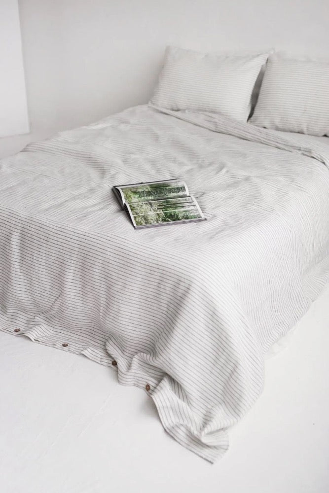 Milky White Pinestripe Linen Duvet Cover and Pillowcases,Linen King Bedding Set With Buttons