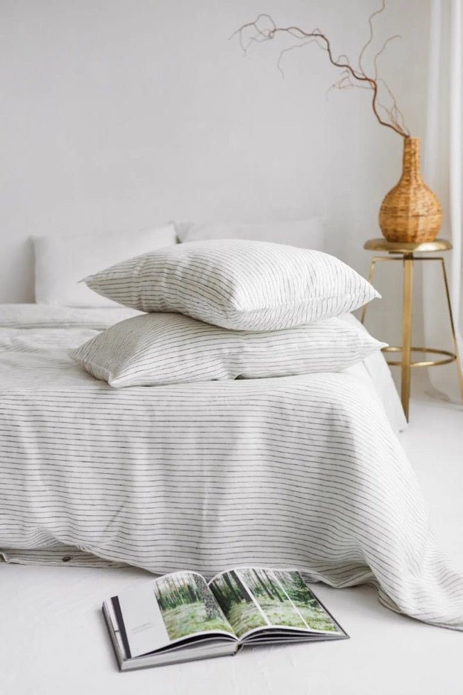 Milky White Pinestripe Linen Duvet Cover and Pillowcases,Linen King Bedding Set With Buttons